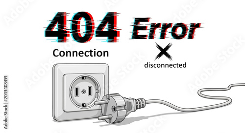 A digital illustration showing a 404 error message with a disconnected power plug and socket