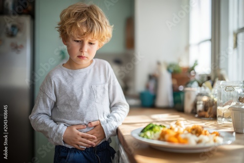 Boy stands in kitchen next to plate of food while holding his stomach showing discomfort after eating lunch during daylight hours