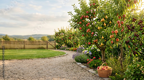 Lush fruit orchard garden with ripe harvest and gravel path