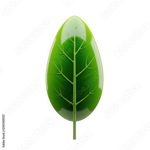 Fresh green leaf icon with glossy texture isolated on transparent background
