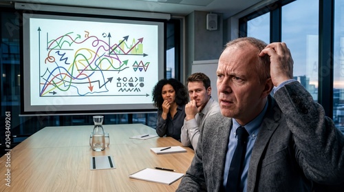 workplace humor, a bewildered manager humorously struggles to maintain composure in a meeting