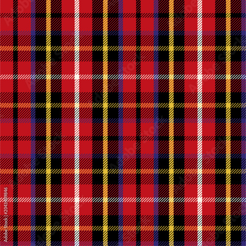 Classic red tartan pattern inspired by Royal Stewart style, featuring black, yellow, blue, and white stripes. Seamless plaid design ideal for fabrics, fashion, packaging, stationery, and home decor.