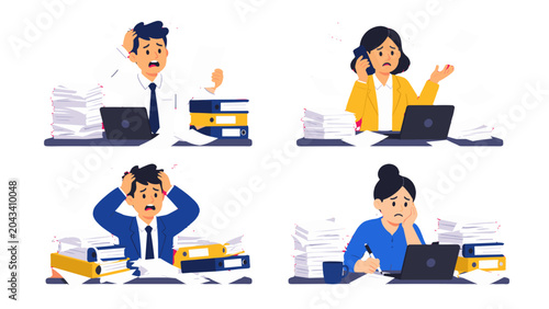 Tableau sur toile Stressed office workers with paperwork and laptops vector set