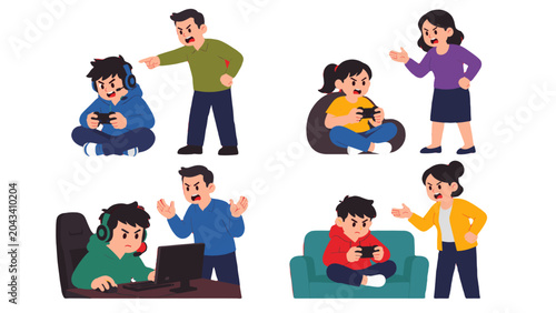Obraz na płótnie Parents scolding children playing video games flat vector set