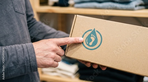 eco-label awareness, a hand points to eco-friendly packaging featuring a distinctive water footprint icon
