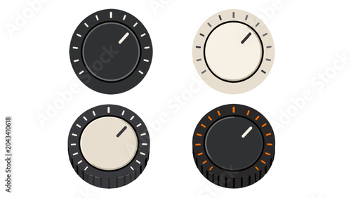 Fotografie Set of round audio control knobs isolated on white background