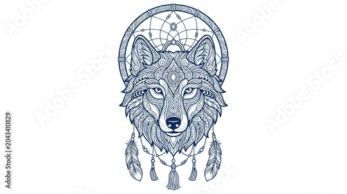 Photography Intricate Wolf Head with Dreamcatcher and Feathers, Tribal Tattoo Design