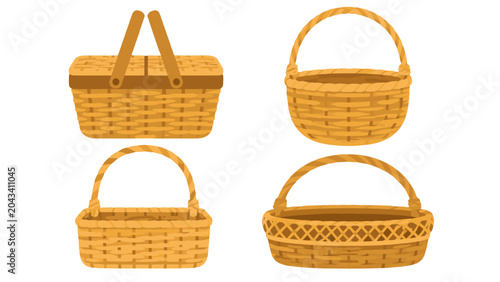Photos Set of four woven wicker baskets with handles on white