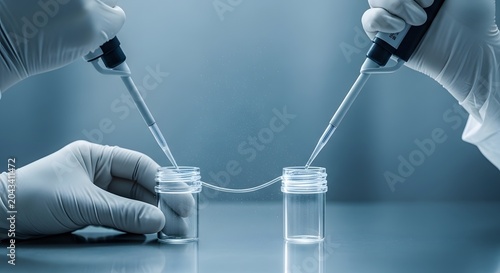 Scientist hands transferring liquid sample.