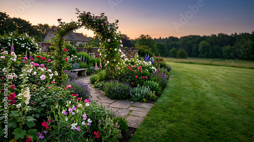 Lush cottage garden with a flower archway and stone path at sunset