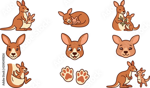 Foto Cute Kangaroo and Joey Vector Character Set Featuring Kawaii Mother and Baby Ani