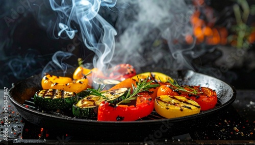 Grilled vegetables on a cast iron grill, colorful peppers and zucchini, elegant smoke drifting upward, healthy gourmet presentation, professional food photography