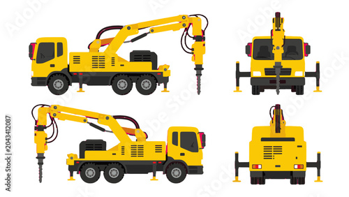Quadro su tela Yellow drilling truck with hydraulic arm in multiple views