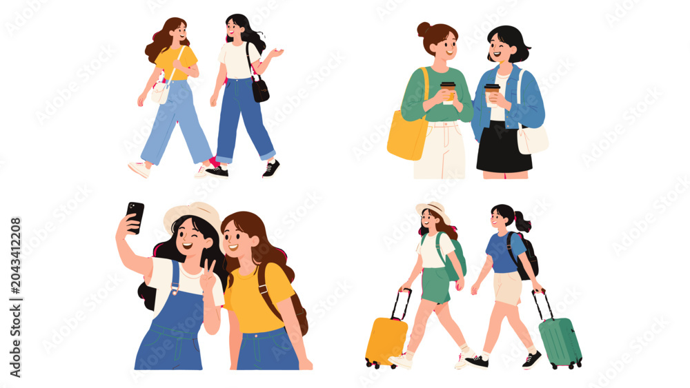 Fototapeta premium Set of young women friends walking, chatting, taking selfies and traveling