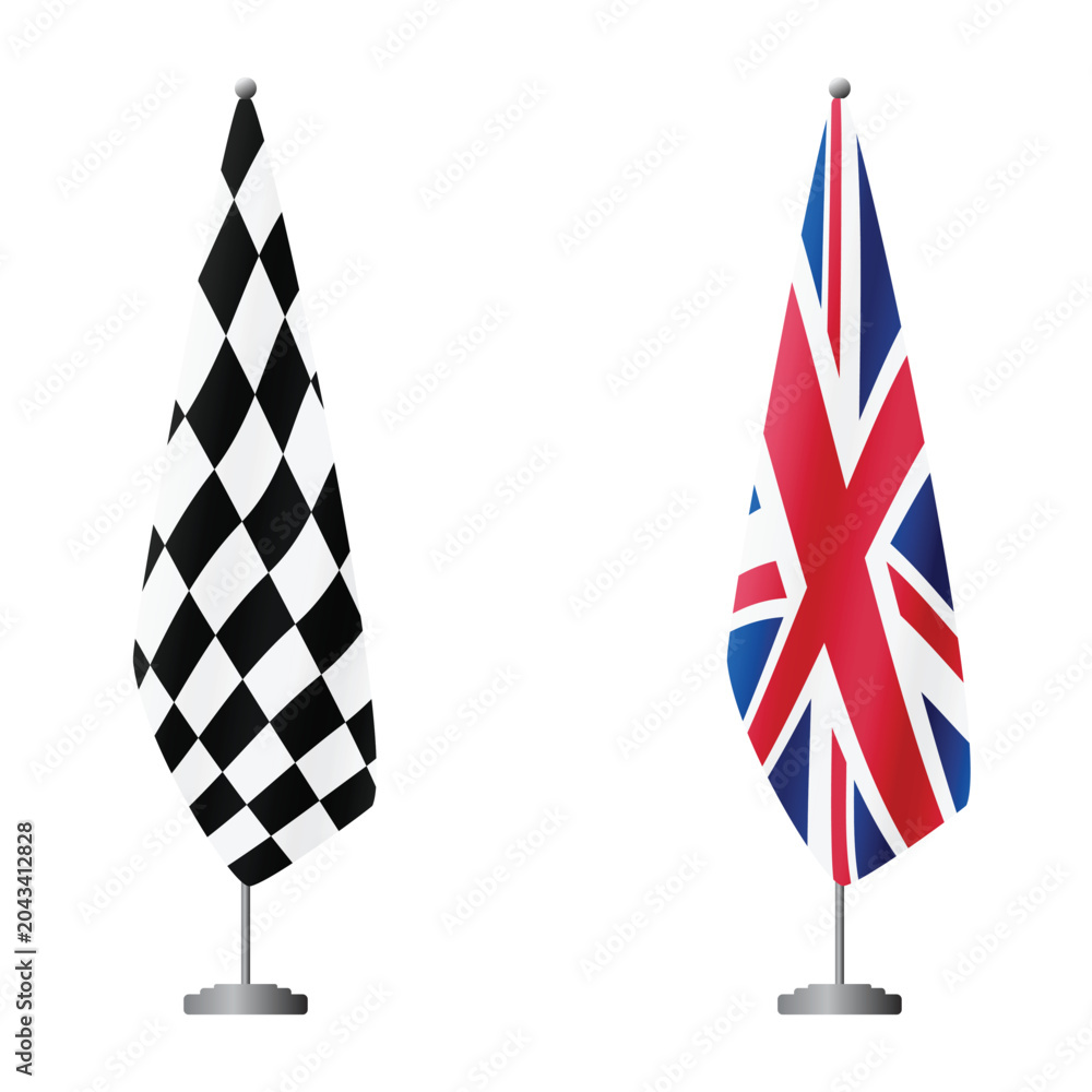 Fototapeta premium Checkered and United Kingdom flags on flagpoles for official ceremonies and meetings, transparent background vector