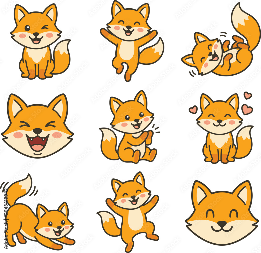 Fototapeta premium Cute Cartoon Red Fox Emoji Vector Set Featuring Kawaii Animal Character Expressions with Happy Laughing Winking and Joyful Jumping Poses