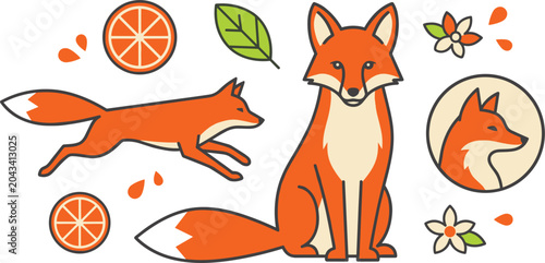 Photography Modern Red Fox Vector Set Featuring Elegant Line Art Wild Animals with Orange Ci