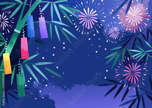 Fireworks And Bamboo Decorations Colorful Digital Illustration