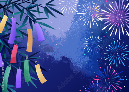 Tanaba Festival Illustration With Fireworks And Hanging Lanterns