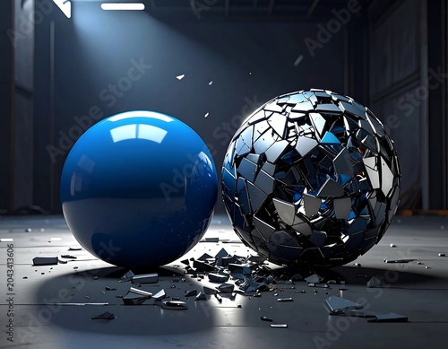 Glossy Blue Sphere Beside Shattered Metallic Ball on Dark Industrial Floor