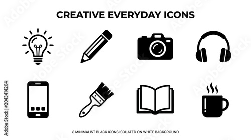 Collection of eight minimalist black icons representing creative everyday objects on a white background