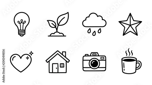 Minimalist line icon set with 8 lifestyle elements, black outline vector symbols for web and app design, simple doodle illustrations on white background
