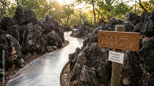 Winding Path Through Rocky Landscape with Clear Passage Sign