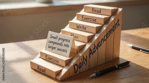 Wooden Staircase With Daily Habits For Success