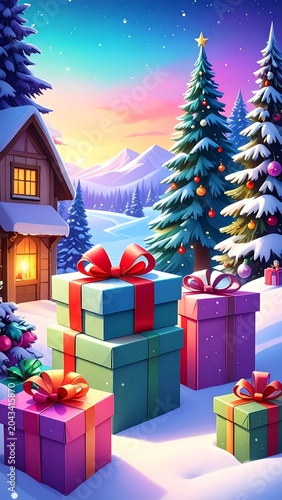 Colorful Wrapped Gift Boxes Resting in Snowy Christmas Forest Near Cozy Cabin