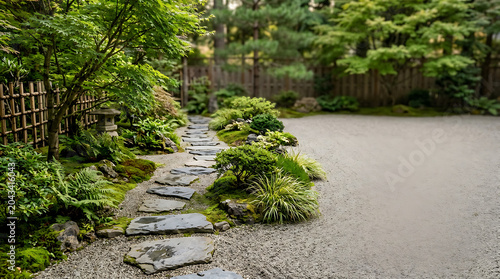 Stone stepping path winding through a tranquil japanese zen garden