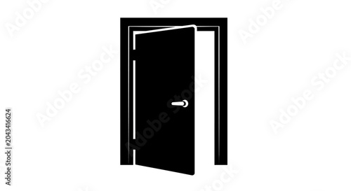 Minimalist graphic depiction of a partially opened door in a stark black and white design