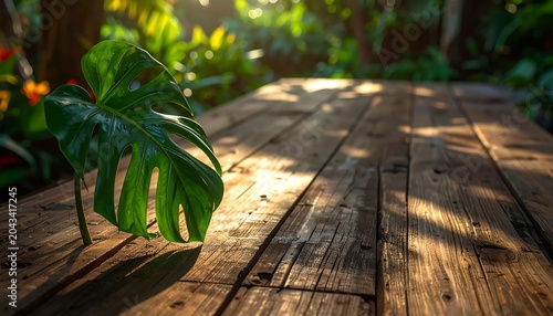 Lush Green Monstera Leaf Resting on Rustic Wooden Table in Sunlit Tropical Garden