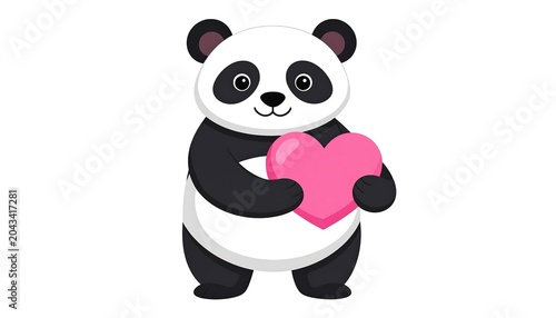 A cartoon panda bear holding a pink heart