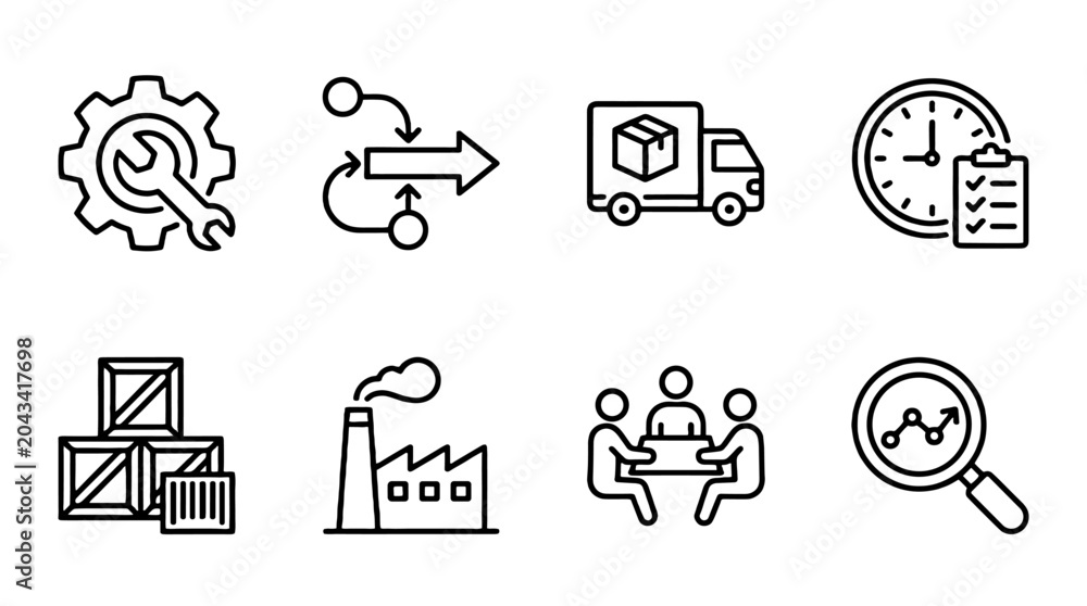 Fototapeta premium Operations management line icon set with logistics and analytics