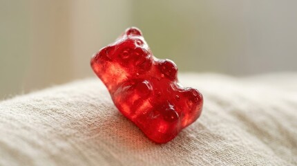 Close up of a gummy bear candy on a white textured surface