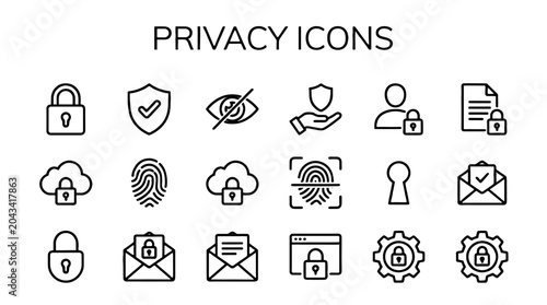 Privacy and security line icon set with lock and shield symbols