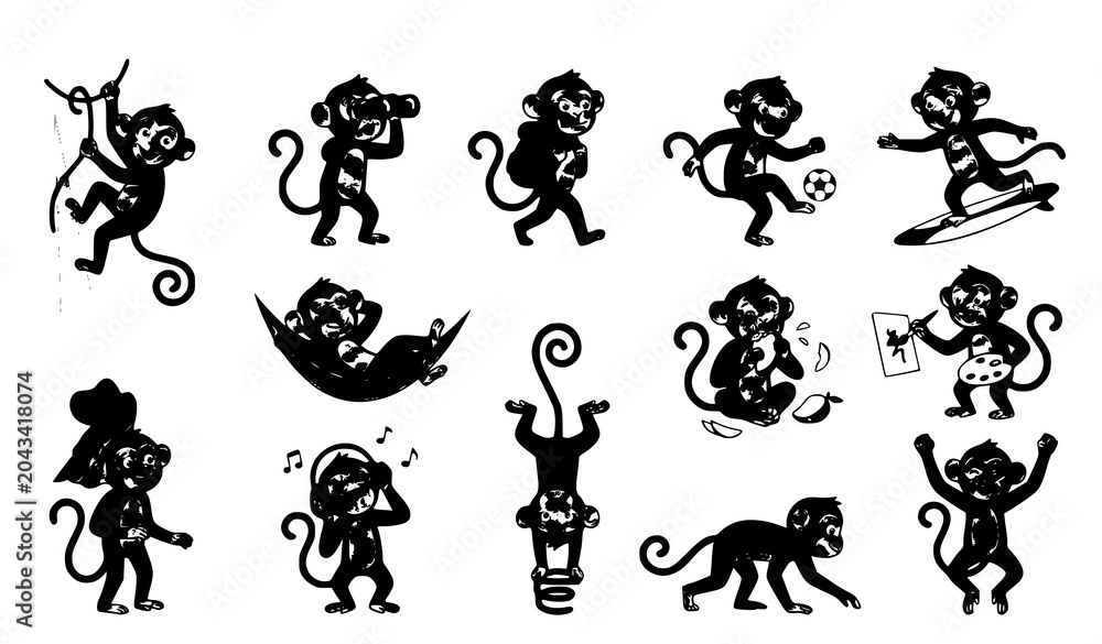 Obraz premium Funny Monkey Mascot Vector Set with Prehensile Tail in Adventure and Leisure Poses