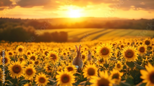 Rabbit in sunflower field at sunset
