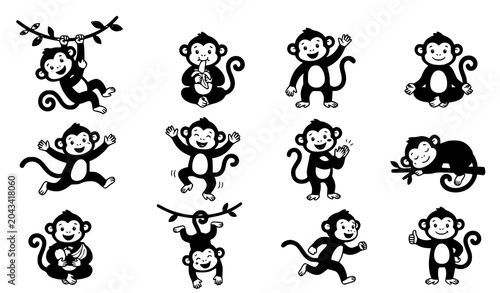 Tableau sur toile Cute Funny Brown Monkey Character Vector Set with Prehensile Tail in Playful Act