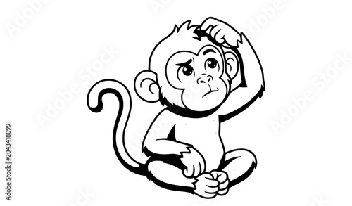 Photography Cute Cartoon Monkey Mascot Thinking Pose Vector Illustration for Creative Ideas