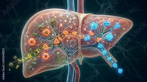 Human liver internal anatomy. Hepatic cell metabolic detoxification process. Pharmaceutical medical education concept