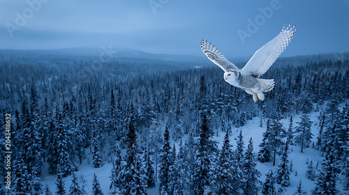 Snowy owl flying over a frost covered winter forest at twilight