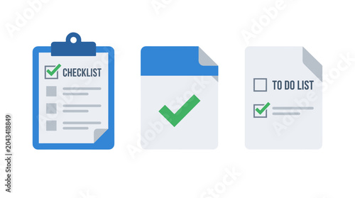 Photos Checklist and to do list document icon set in flat vector style