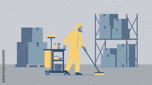 Fotografia Hazmat Worker Cleaning Warehouse Floor