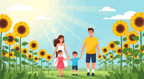 Schilderij op canvas Happy Family Walking in a Sunflower Field