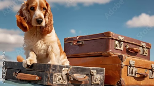 Dog resting on old suitcases on top of a car under blue sky during daytime while waiting for adventure