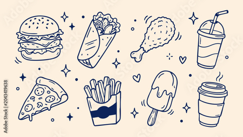 Fast Food Doodle Vector Icons for Menu and Delivery Branding