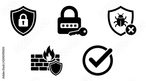 Obraz na plátně Cyber security icon set with shield lock firewall and check