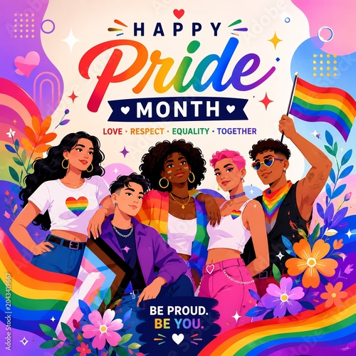 Diverse people standing together celebrating Pride Month with vibrant rainbow colors - ai generative