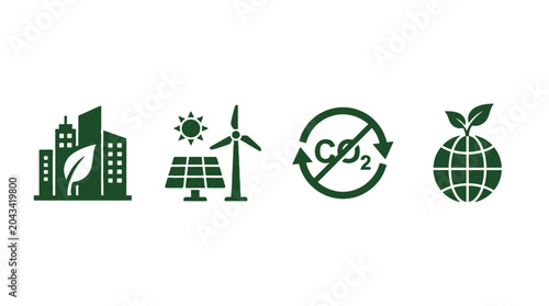 Green city and carbon neutral renewable energy icon set